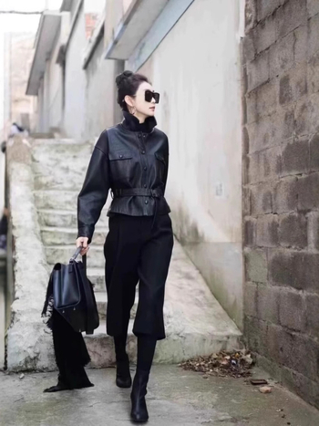 Ženska kožna jakna od ovčje kože sa strukom, casual stil, rever ovratnik, dugi rukav, jesen 2025