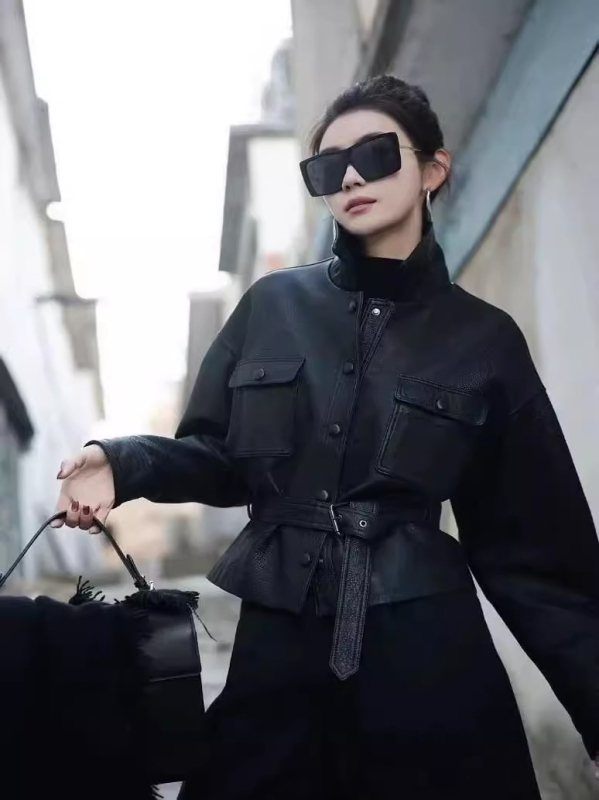 Ženska kožna jakna od ovčje kože sa strukom, casual stil, rever ovratnik, dugi rukav, jesen 2025