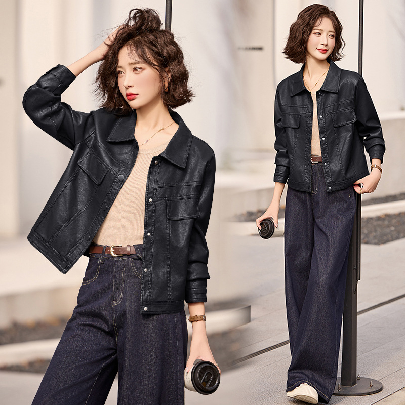 Ženska kožna jakna od ovčje kože s rastlinskim cijeđenjem, kratka duljina, rever, dugi rukav, jednostruko kopčanje, opuštena silueta, proljeće 2025