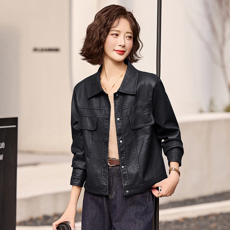 Ženska kožna jakna od ovčje kože s rastlinskim cijeđenjem, kratka duljina, rever, dugi rukav, jednostruko kopčanje, opuštena silueta, proljeće 2025
