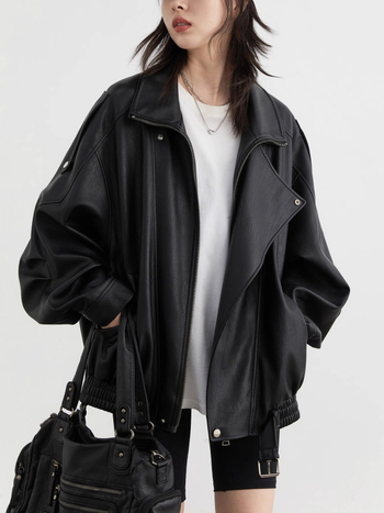 Kožna jakna s stojećim ovratnikom, umjetna koža, patchwork dizajn, zatvarač