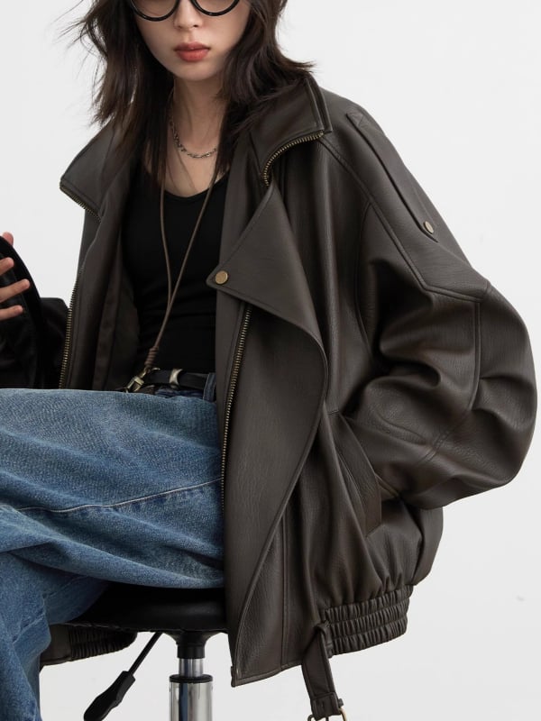 Kožna jakna s stojećim ovratnikom, umjetna koža, patchwork dizajn, zatvarač