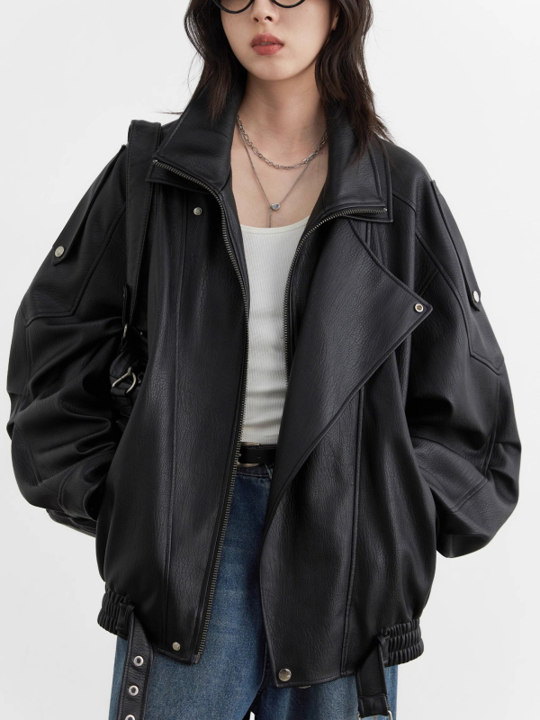 Kožna jakna s stojećim ovratnikom, umjetna koža, patchwork dizajn, zatvarač