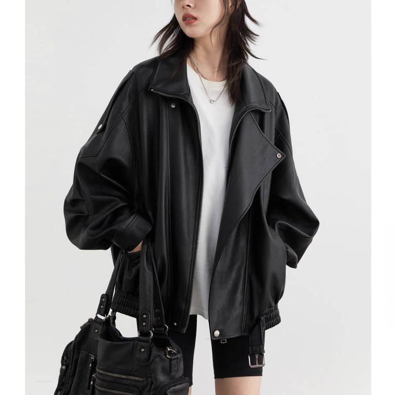 Kožna jakna s stojećim ovratnikom, umjetna koža, patchwork dizajn, zatvarač