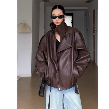 Ženska kožna jakna, američki retro stil, slobodan kroj, dugi rukavi, akrilna tkanina