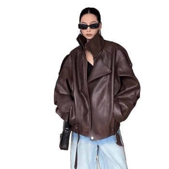 Ženska kožna jakna, američki retro stil, slobodan kroj, dugi rukavi, akrilna tkanina
