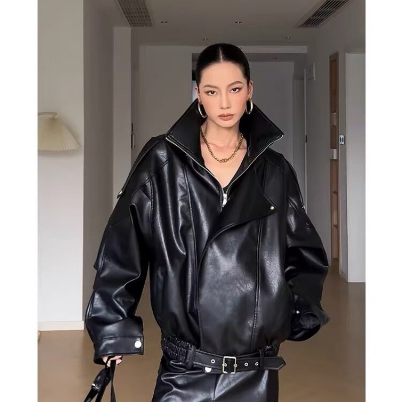 Ženska kožna jakna, američki retro stil, slobodan kroj, dugi rukavi, akrilna tkanina