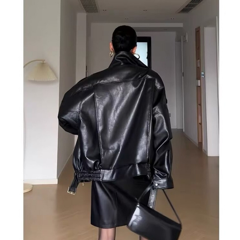 Ženska kožna jakna, američki retro stil, slobodan kroj, dugi rukavi, akrilna tkanina