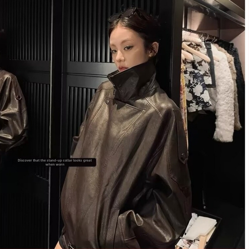 Ženska kožna jakna, američki retro stil, slobodan kroj, dugi rukavi, akrilna tkanina