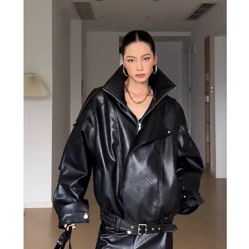 Ženska kožna jakna, američki retro stil, slobodan kroj, dugi rukavi, akrilna tkanina