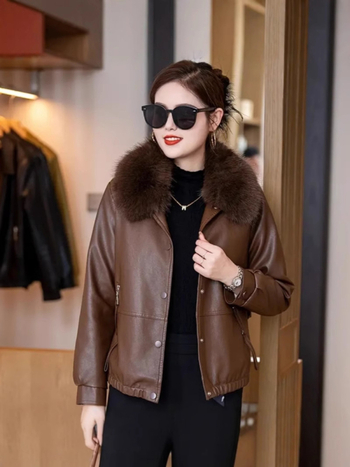 DUNRK Ženska PU kožna jakna s fleec podstavom, srednje duljine, odvojivi kragna od umjetne dlake