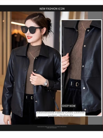 DUNRK Ženska PU kožna jakna s fleec podstavom, srednje duljine, odvojivi kragna od umjetne dlake