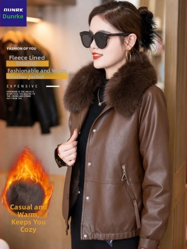 DUNRK Ženska PU kožna jakna s fleec podstavom, srednje duljine, odvojivi kragna od umjetne dlake