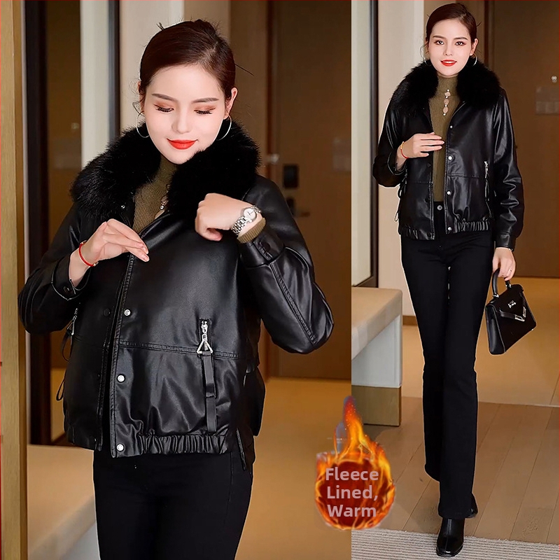 DUNRK Ženska PU kožna jakna s fleec podstavom, srednje duljine, odvojivi kragna od umjetne dlake