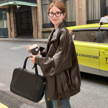 Ženska jakna od umjetne kože, moto stil, stojeći ovratnik, opuštena silueta, zatvarač sprijeda