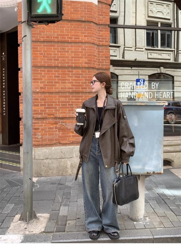 Ženska jakna od umjetne kože, moto stil, stojeći ovratnik, opuštena silueta, zatvarač sprijeda