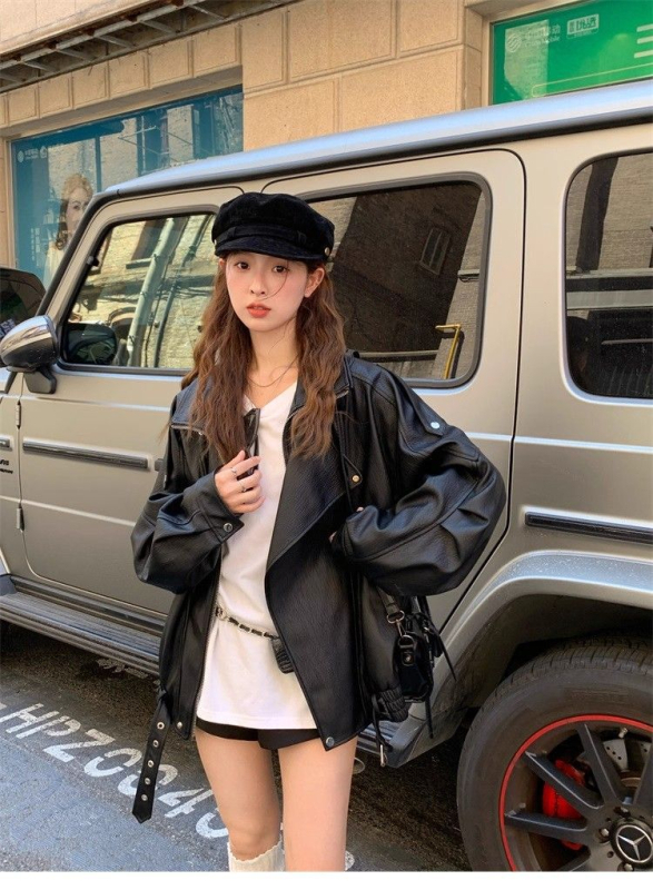 Ženska jakna od umjetne kože, moto stil, stojeći ovratnik, opuštena silueta, zatvarač sprijeda