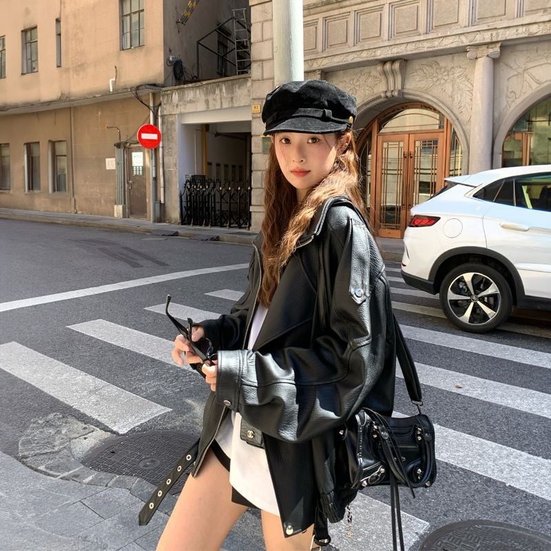 Ženska jakna od umjetne kože, moto stil, stojeći ovratnik, opuštena silueta, zatvarač sprijeda