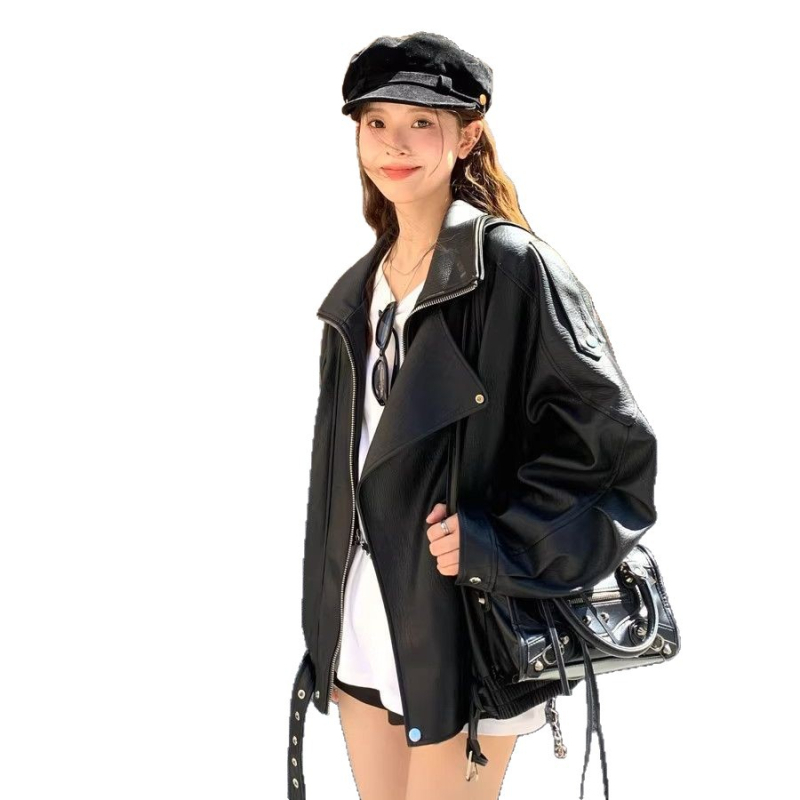Ženska jakna od umjetne kože, moto stil, stojeći ovratnik, opuštena silueta, zatvarač sprijeda