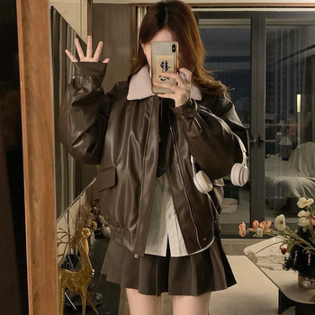 Motorska PU kožna jakna, podstava od baršuna, debela, za žene, zima/proljeće 2025, američki retro, opušten kroj