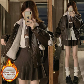 Motorska PU kožna jakna, podstava od baršuna, debela, za žene, zima/proljeće 2025, američki retro, opušten kroj