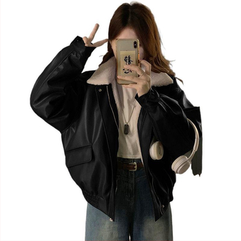 Motorska PU kožna jakna, podstava od baršuna, debela, za žene, zima/proljeće 2025, američki retro, opušten kroj