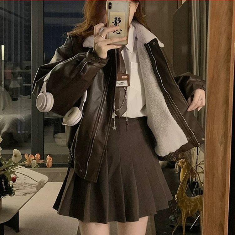 Motorska PU kožna jakna, podstava od baršuna, debela, za žene, zima/proljeće 2025, američki retro, opušten kroj