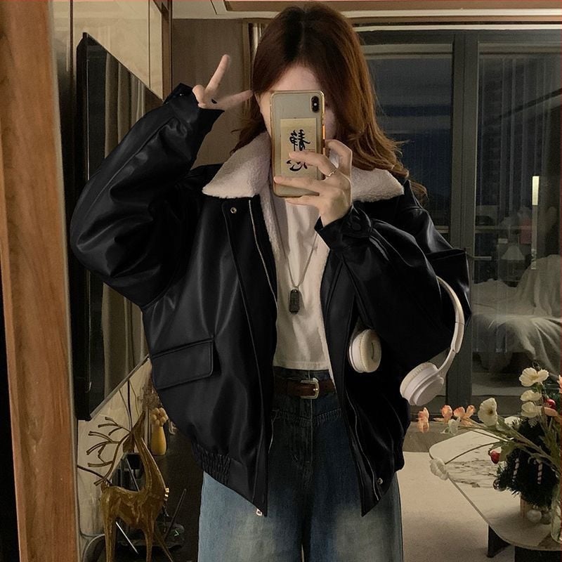 Motorska PU kožna jakna, podstava od baršuna, debela, za žene, zima/proljeće 2025, američki retro, opušten kroj