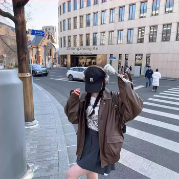 Ženska kožna jakna – slobodan kroj, polo ovratnik, zatvarač, PU umjetna koža, dugi rukav, retro stil