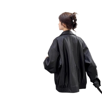 Ženska kožna jakna – slobodan kroj, polo ovratnik, zatvarač, PU umjetna koža, dugi rukav, retro stil