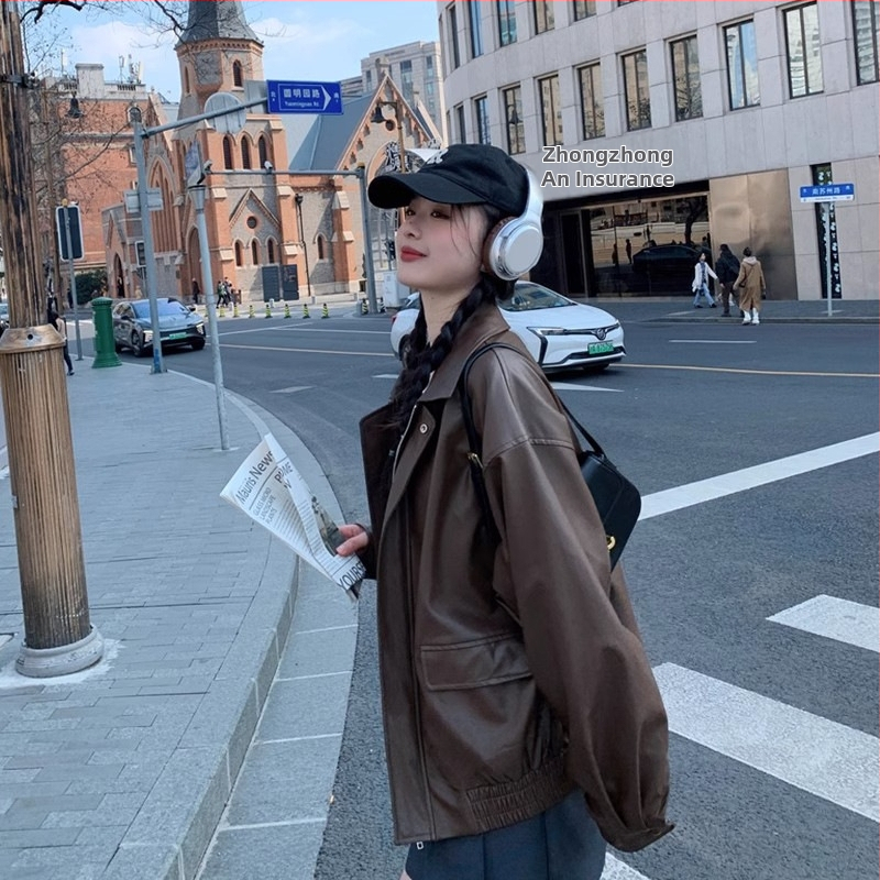 Ženska kožna jakna – slobodan kroj, polo ovratnik, zatvarač, PU umjetna koža, dugi rukav, retro stil