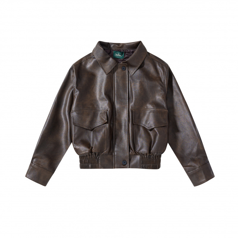 PU kožna jakna za žene, labav kroj, reverasti ovratnik, zatvaranje na zip, dugi rukavi, korejsko-japanski ležerni stil