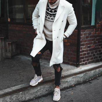 Muški uski kaput od vune – dvostruko kopčanje, rever ovratnik, trench stil s dizajnom color-block, srednja duljina