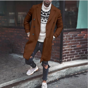 Muški uski kaput od vune – dvostruko kopčanje, rever ovratnik, trench stil s dizajnom color-block, srednja duljina
