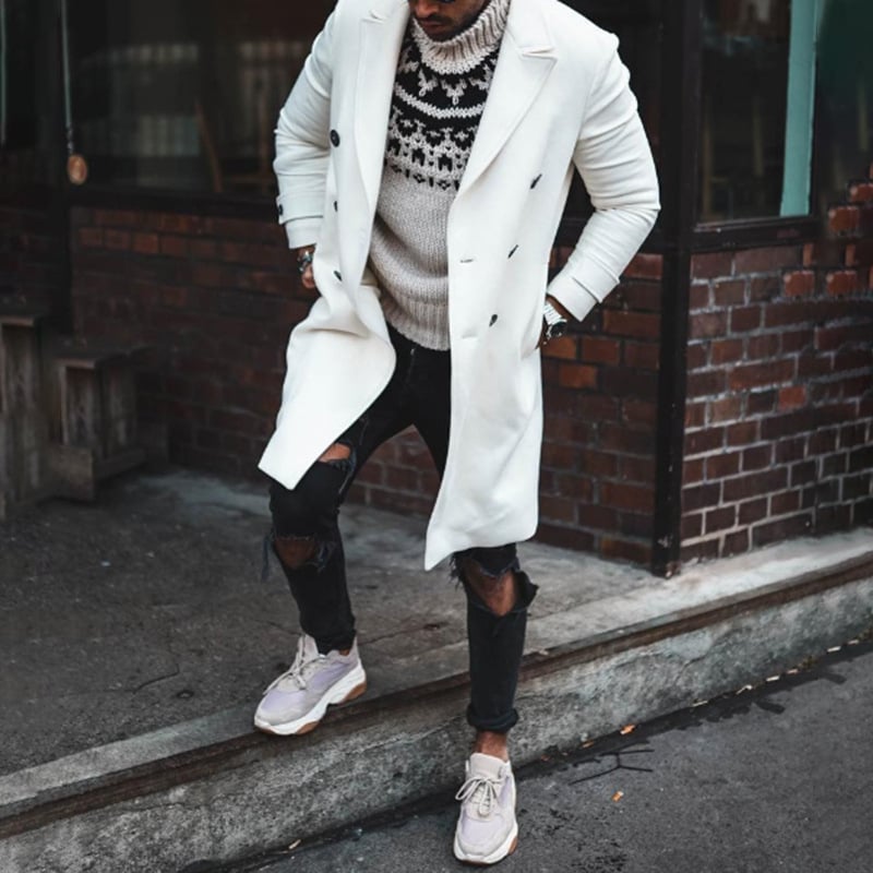 Muški uski kaput od vune – dvostruko kopčanje, rever ovratnik, trench stil s dizajnom color-block, srednja duljina