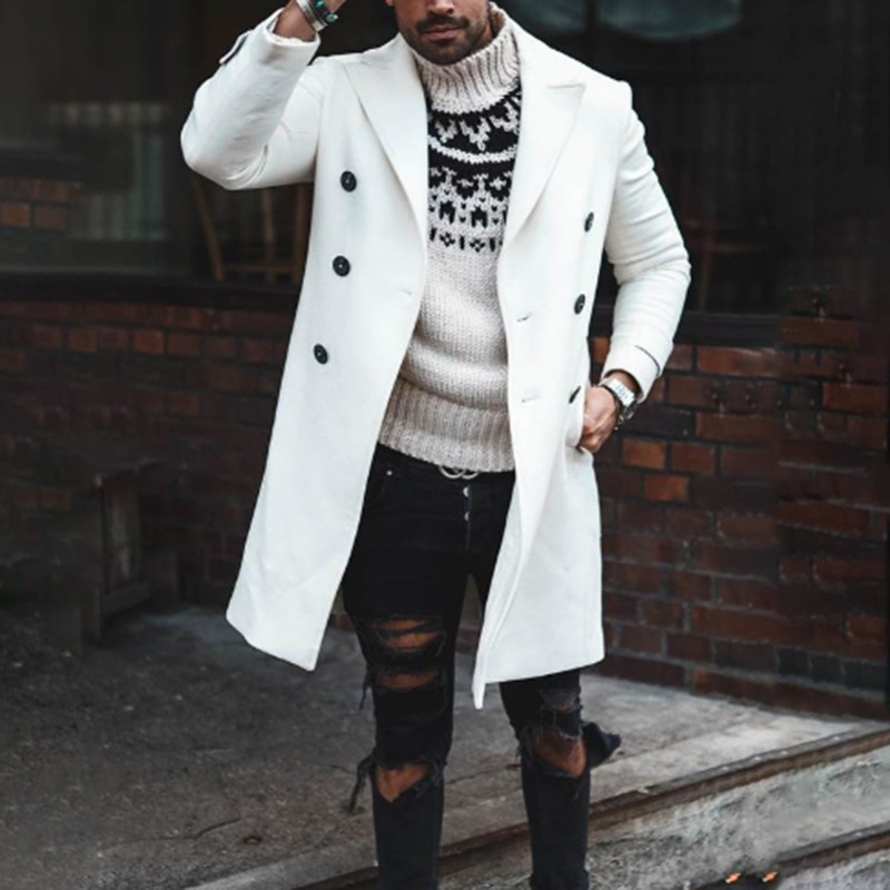 Muški uski kaput od vune – dvostruko kopčanje, rever ovratnik, trench stil s dizajnom color-block, srednja duljina