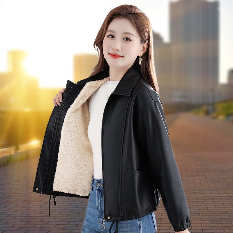 Ženska PU kožna jakna, s dugim rukavima, zip zatvarač, slobodan kroj