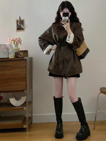 Ženska PU kožna moto jakna sa stojećim ovratnikom i dugim rukavima