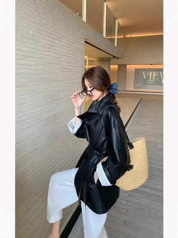 Ženska PU kožna jakna, sako-ovratnik, kopčanje s vezicama, srednja duljina, ležeran kroj