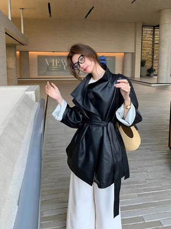 Ženska PU kožna jakna, sako-ovratnik, kopčanje s vezicama, srednja duljina, ležeran kroj