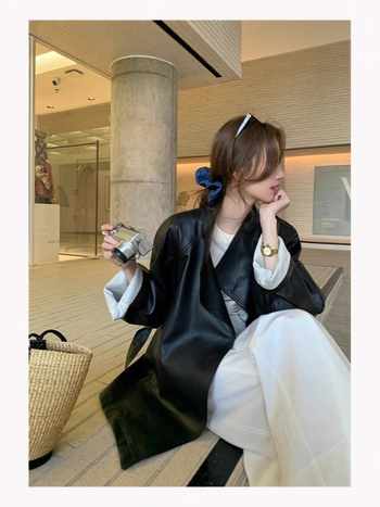 Ženska PU kožna jakna, sako-ovratnik, kopčanje s vezicama, srednja duljina, ležeran kroj