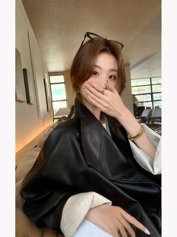 Ženska PU kožna jakna, sako-ovratnik, kopčanje s vezicama, srednja duljina, ležeran kroj