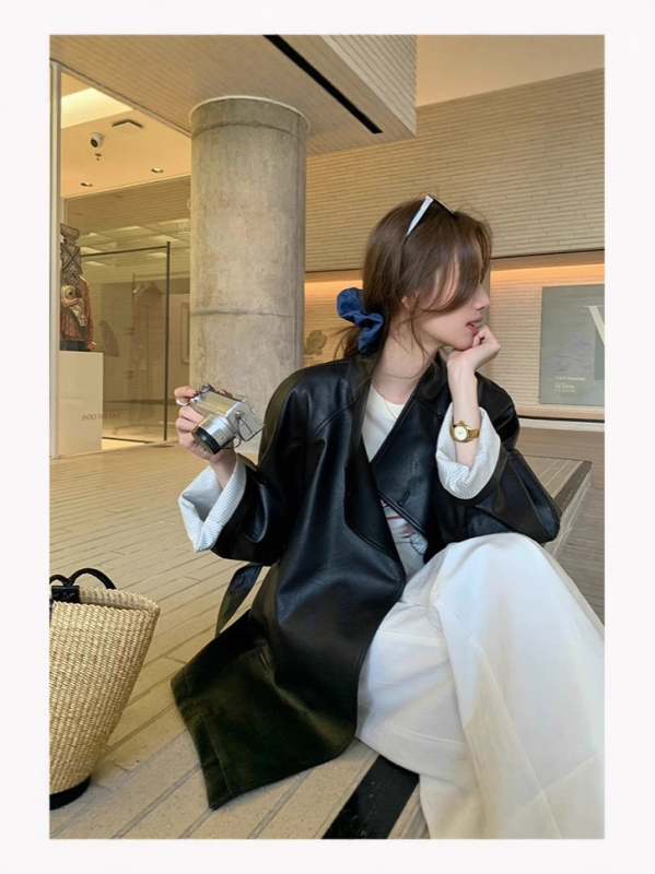 Ženska PU kožna jakna, sako-ovratnik, kopčanje s vezicama, srednja duljina, ležeran kroj