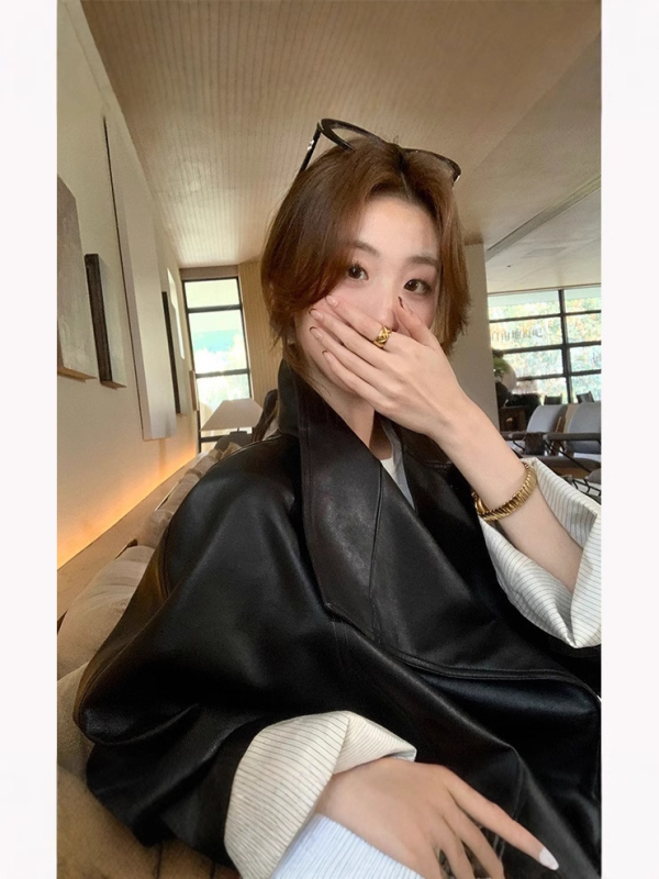 Ženska PU kožna jakna, sako-ovratnik, kopčanje s vezicama, srednja duljina, ležeran kroj