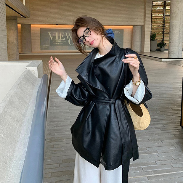 Ženska PU kožna jakna, sako-ovratnik, kopčanje s vezicama, srednja duljina, ležeran kroj