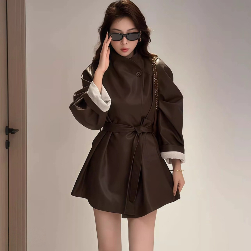 Ženska PU kožna jakna, sako-ovratnik, kopčanje s vezicama, srednja duljina, ležeran kroj