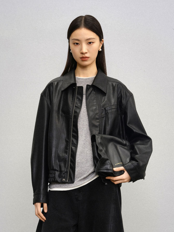 Ženska PU kožna jakna, umjetna koža, ovratnik rever, dugi rukavi, japansko-korejski casual stil