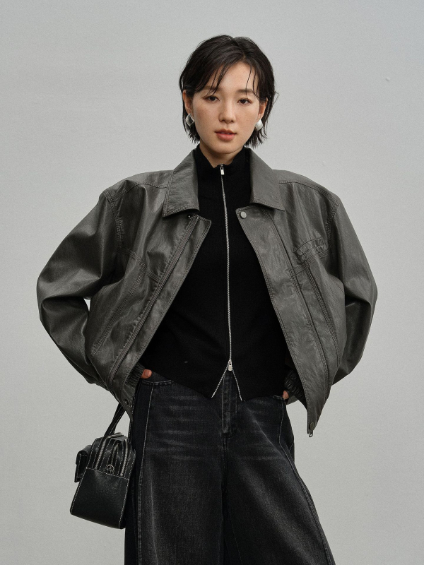 Ženska PU kožna jakna, umjetna koža, ovratnik rever, dugi rukavi, japansko-korejski casual stil