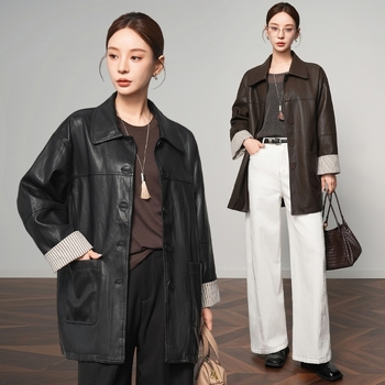 Ženska kožna jakna od ovčje kože, srednje duljine, elegantan gradski stil, zatvaranje kopčama i kukama.