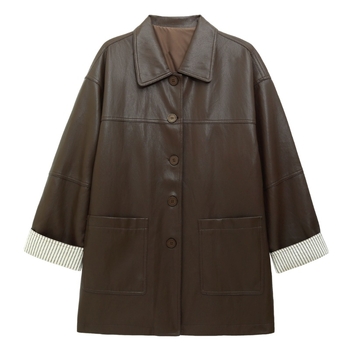 Ženska kožna jakna od ovčje kože, srednje duljine, elegantan gradski stil, zatvaranje kopčama i kukama.